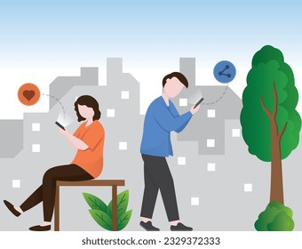People using smartphone with social media addict , urban city scape background, share and like icon