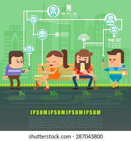 People using smartphone in social network connect on city town background flat design, Flat icons Vector illustration.