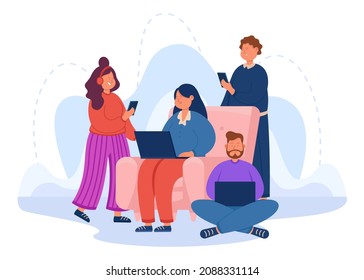 Gente usando smartphone, tablet y laptop para charlar. Gadget y los medios sociales adictos grupo de personajes masculinos y femeninos sentados juntos una ilustración vectorial plana. Concepto de adicción a internet