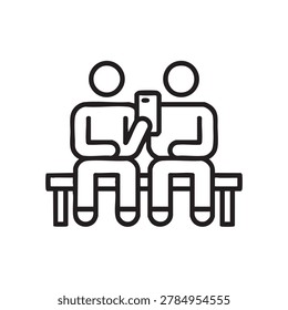 People using a smartphone while sitting on a park bench are shown in this linear icon design focusing on modern digital communication.