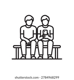 People using a smartphone while sitting on a park bench are shown in this linear icon design focusing on modern digital communication.
