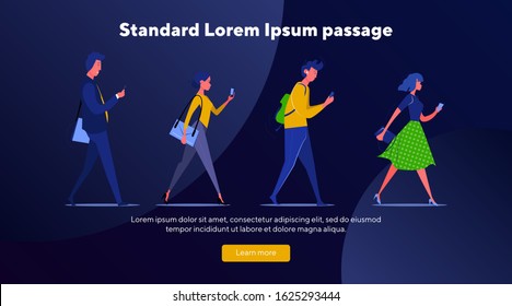 People using smartphone while walking. Reading message, listening to music flat vector illustration. Communication, cellphone users, internet concept for banner, website design or landing web page