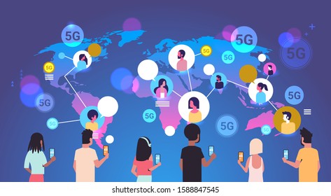 people using smartphones 5G online wireless system connection global communication concept mix race men women chatting world map background portrait horizontal vector illustration