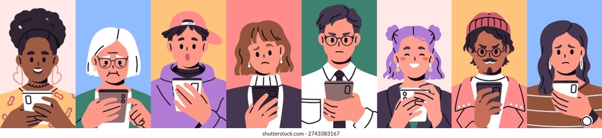 People using smartphones, apps with diverse emotions set. Characters holding mobile phones, surfing internet, chatting with happy smiling, upset and angry face expressions. Flat vector illustration