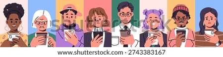 People using smartphones, apps with diverse emotions set. Characters holding mobile phones, surfing internet, chatting with happy smiling, upset and angry face expressions. Flat vector illustration