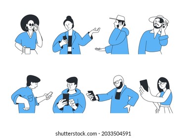 People using smartphones. Communication, person talking on mobile. Send message, call family or friends. Teens and adults with phone recent vector set