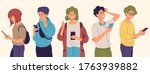 People using smartphones with different poses and expressions. Man and women holding a phone to texting, read online news, chatting, play games, social media, usability. Flat style vector illustration