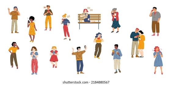 People Using Smartphones Flat Characters Set. Vector Adult Men, Women And Children Talking Phone, Texting, Listening Music, Taking Selfie, Playing Games Isolated On White Background. Gadget Addiction