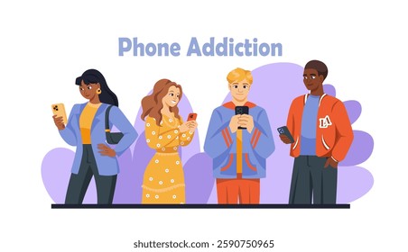 People using smartphones, flat style, on a white background. Concept of digital dependency. Vector illustration