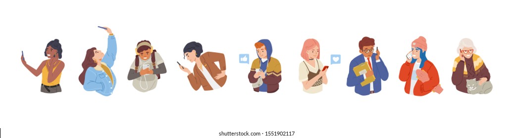 People using smartphones flat vector illustration set. Men and women with cellular devices cartoon character collection. Mobile internet, social media. Taking selfie. Modern communication technology.