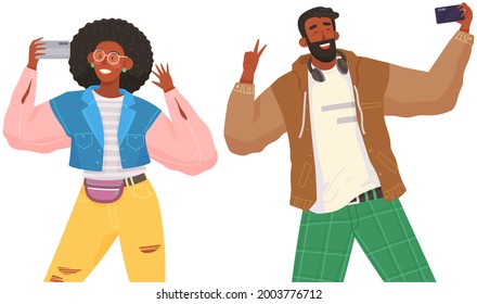 People using smartphones, gadget, mobile phone. People with cellular devices cartoon character. Mobile internet, social media. Taking selfie on smartphone. Modern communication technology