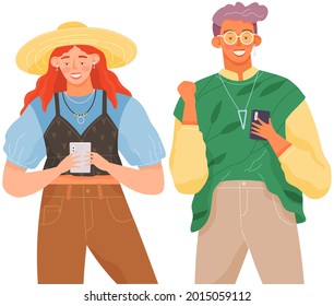 Gente usando smartphones, gadgets, teléfonos móviles. Personajes de dibujos animados de personas con dispositivos móviles. Internet móvil, medios sociales. Tomar selfie en el smartphone. Tecnología moderna de comunicación
