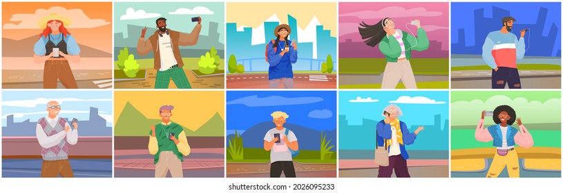 People using smartphones, gadget, mobile phone. People with cellular devices cartoon character. Mobile internet, social media. Taking selfie on smartphone. Modern communication technology