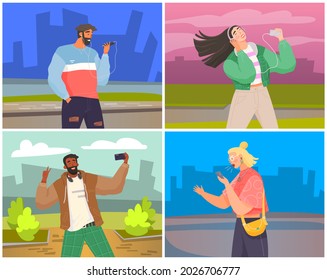 Gente usando smartphones, gadgets, teléfonos móviles. Personajes de dibujos animados de personas con dispositivos móviles. Internet móvil, medios sociales. Tomar selfie en el smartphone. Tecnología moderna de comunicación