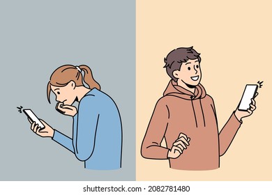 People using smartphones get bad and good messages on social media. Happy and sad man and woman with cellphone feel emotional with notifications or text. Addiction, technology. Vector illustration. 