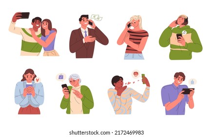People using smartphones. Mobile apps, online, calls and entertainment