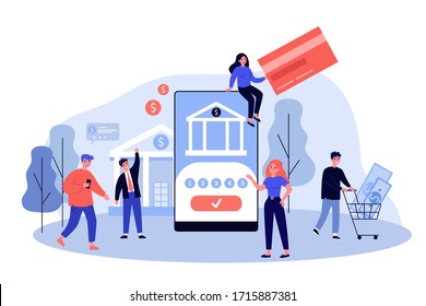 People using smartphones for online payments and money transfer. Vector illustration for mobile banking, finance management, fintech, transaction concept