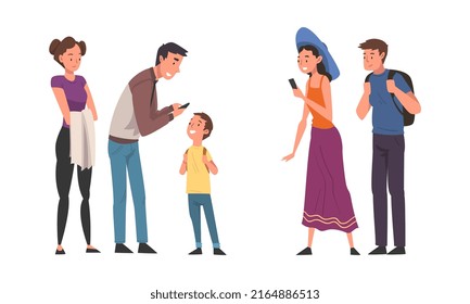 People using smartphones for ordering taxi car cartoon vector illustration