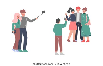 People using smartphones for selfie set. Friends spending time together and photographing cartoon vector illustration