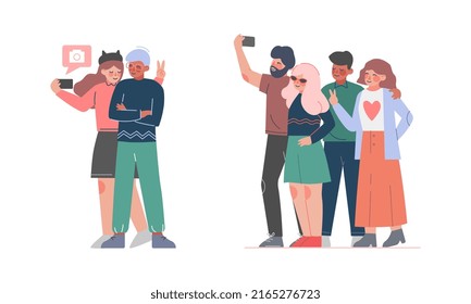 People using smartphones for selfie set. Friends spending time together and taking selfie cartoon vector illustration