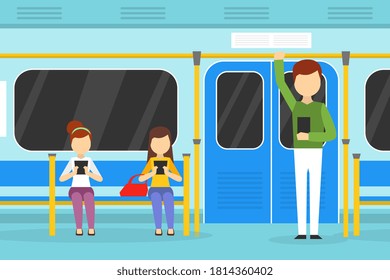 Personas que usan smartphones en tren subterráneo, pasajeros que usan gadgets en vectores de dibujos animados de transporte público Ilustración