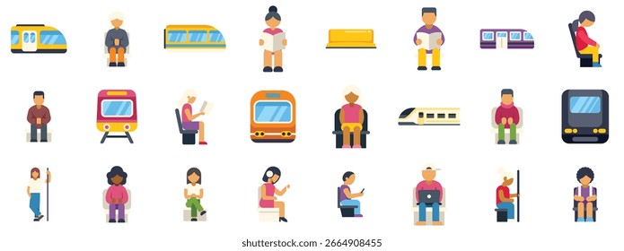 Personas que usan teléfonos inteligentes, tabletas y computadoras portátiles, leen libros y periódicos mientras viajan en transporte público