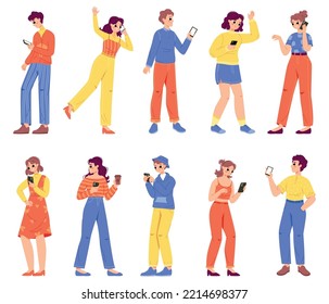 People using smartphones. Teens looking in smartphone, young adult businessmen with phones. Social media and technologies