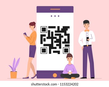 People using smartphones vector illustration of mobile phone with QR code. Men and woman typing chat and surfing in internet with modern smart devices for business or fun concept