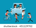 People using smartphones while walking and driving in city.
