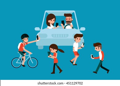 People using smartphones while walking and driving in city.