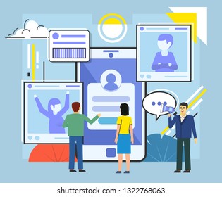 People using social media, chat, online communication concept. People stand near big smartphone, photos. Poster for social media, web page, banner, presentation. Flat design vector illustration