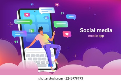 People using social media for chatting, sharing videos and subscribing. Gradient vector illustration of young man sitting on big digital mobile keyboard and using smartphone app for texting to friends