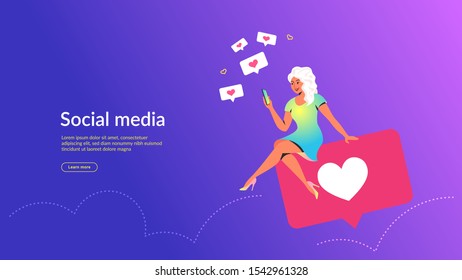 People using social media concept vector illustration. Young woman sitting on big bubbles with heart symbols using mobile app for texting and pushing like button in social media and dating app