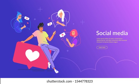 People using social media concept vector illustration. Young man sitting on big bubble with heart symbol using mobile app for texting  girls and pushing like button in social media and dating app