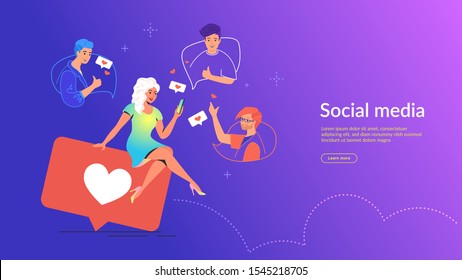 People using social media concept vector illustration. Young woman sitting on big bubble with heart symbol using mobile app for texting friends and pushing like button in social media and dating app