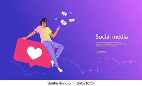 People using social media concept vector illustration. Young man sitting on big bubble with heart symbol using mobile app for texting and pushing like button in social media and dating app