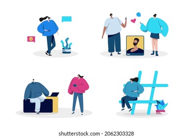 People using social media in different devices, being online and browsing social media flat illustrations