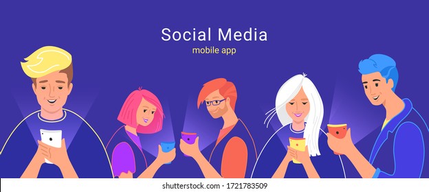 People using social media messenger for chatting, reading news and watching video online. Concept vector illustration of four teenagers using smartphone mobile app for texting to friends and community