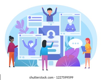 People using social media, online communication concept. Small people stand near big smartphone, photos. Poster for social media, web page, banner, presentation. Flat design vector illustration