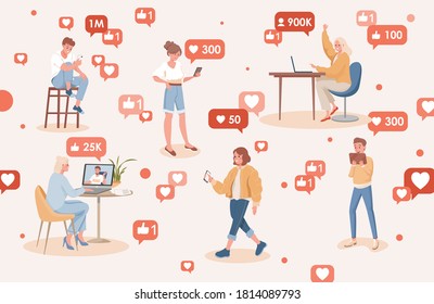People using social media vector flat illustration. Happy smiling men and women gain subscribers and likes on the internet. Podcast, video blog, internet blog, streaming service concept.