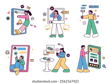 People are using social networking services on their huge mobile screens. outline simple vector illustration.