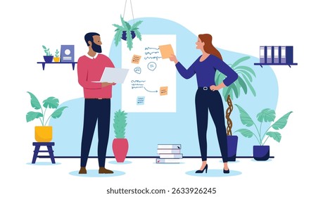 People using sticky notes at work - Two businesspeople brainstorming at work writing notes, sketching and planning project process. Flat design vector illustration graphic isolated on white background
