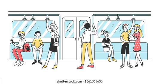 People using subway flat vector illustration. Men and women in public transport. City dwellers in metro, tube or underground train. Public transportation and rapid travelling concept.