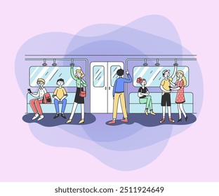 People using subway flat vector illustration. Men and women in public transport. City dwellers in metro, tube or underground train. Public transportation and rapid travelling concept.