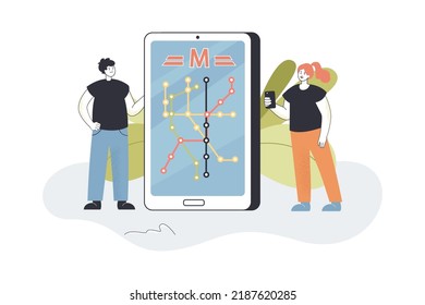Gente usando el mapa del metro en la ilustración del vector plano del teléfono. Hombre y mujer parados cerca de un enorme teléfono con estación de metro en pantalla. Concepto de navegación para banner, diseño del sitio web o página web de aterrizaje