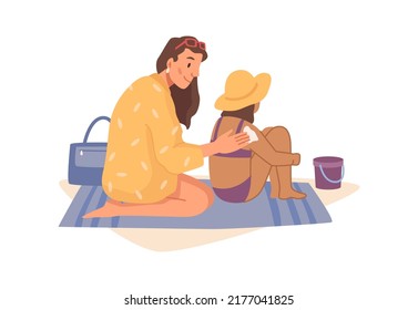 People using sunblock on beach. Mother and daughter by seaside, woman applying sunscreen on kids shoulder. Protection from sunburn. Flat cartoon character, vector illustration