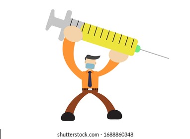 people using syringe with yellow vaccine on white background. flat illustration.