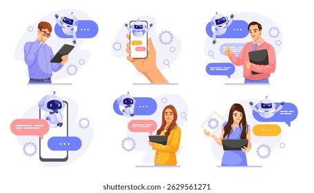 People using tablets and smartphones chatting with chatbot robots, flat graphic style, on white background. Concept of AI communication. Vector illustration