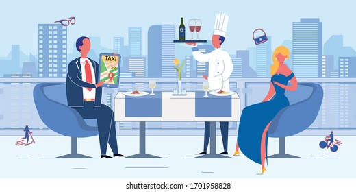 People Using Taxi and Driver Service in City. Mobile Application on Digital Tablet. Taxicab Trekking System. Man and Woman Couple Calling Car Sitting in Restaurant. Vector Lifestyle Illustration