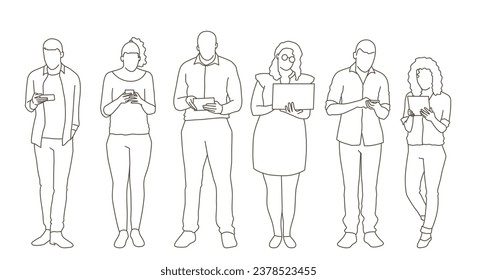 Menschen, die Technologie-Sammlung verwenden. Handgezeichnete Vektorgrafik. Schwarz-Weiß.